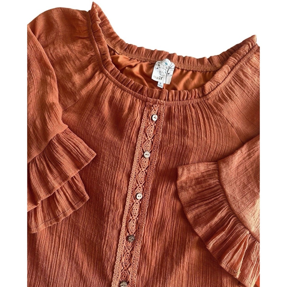 Anthropologie Naif Peasant Dress Size Small Bell Sleeves Ruffles Buttons Rust - Picture 2 of 9